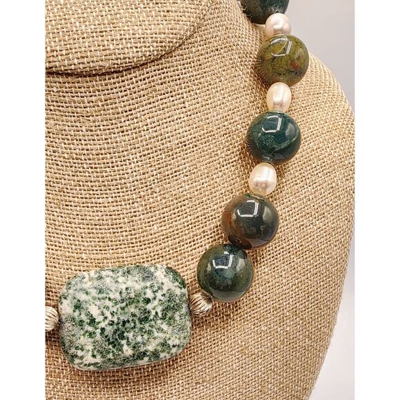 Artisan Gemstone Necklace Indian Agate Jasper Pearl w/ Sterling Clasp - Picture 2 of 8